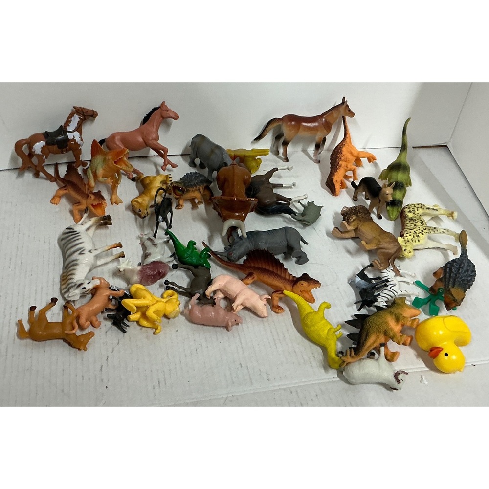 Mixed Plastic Animal Toy Lot Dinosaurs Horses Farm Wildlife Figures Set 40 Pc
